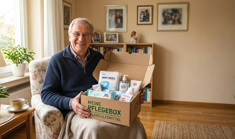 Senior mit Pflegebox voller Pflegehilfsmittel
