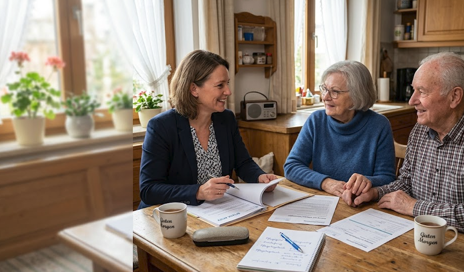 Pflegeberaterin im Gespräch mit zwei Senioren am Tisch